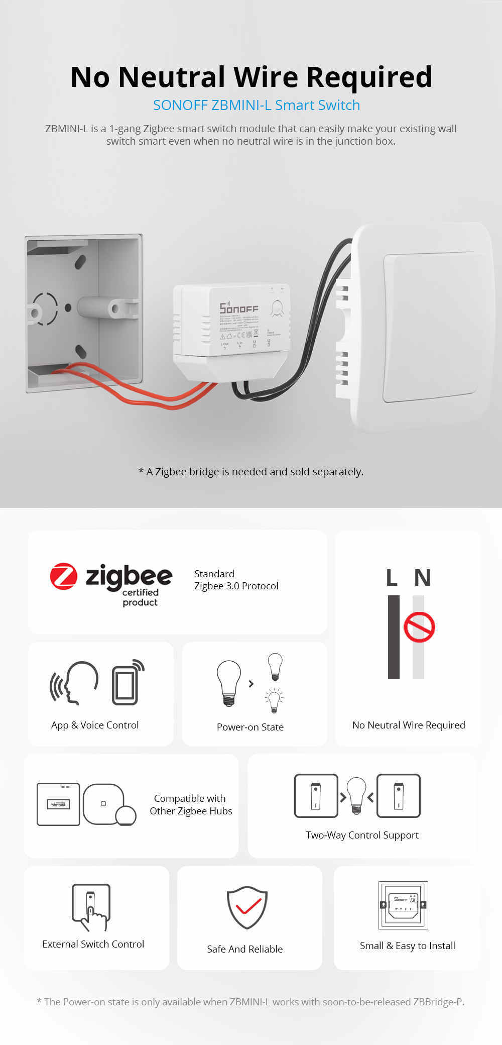 ZBMINI-L Zigbee 3.0 Smart Switch- No Neutral Wire Required
